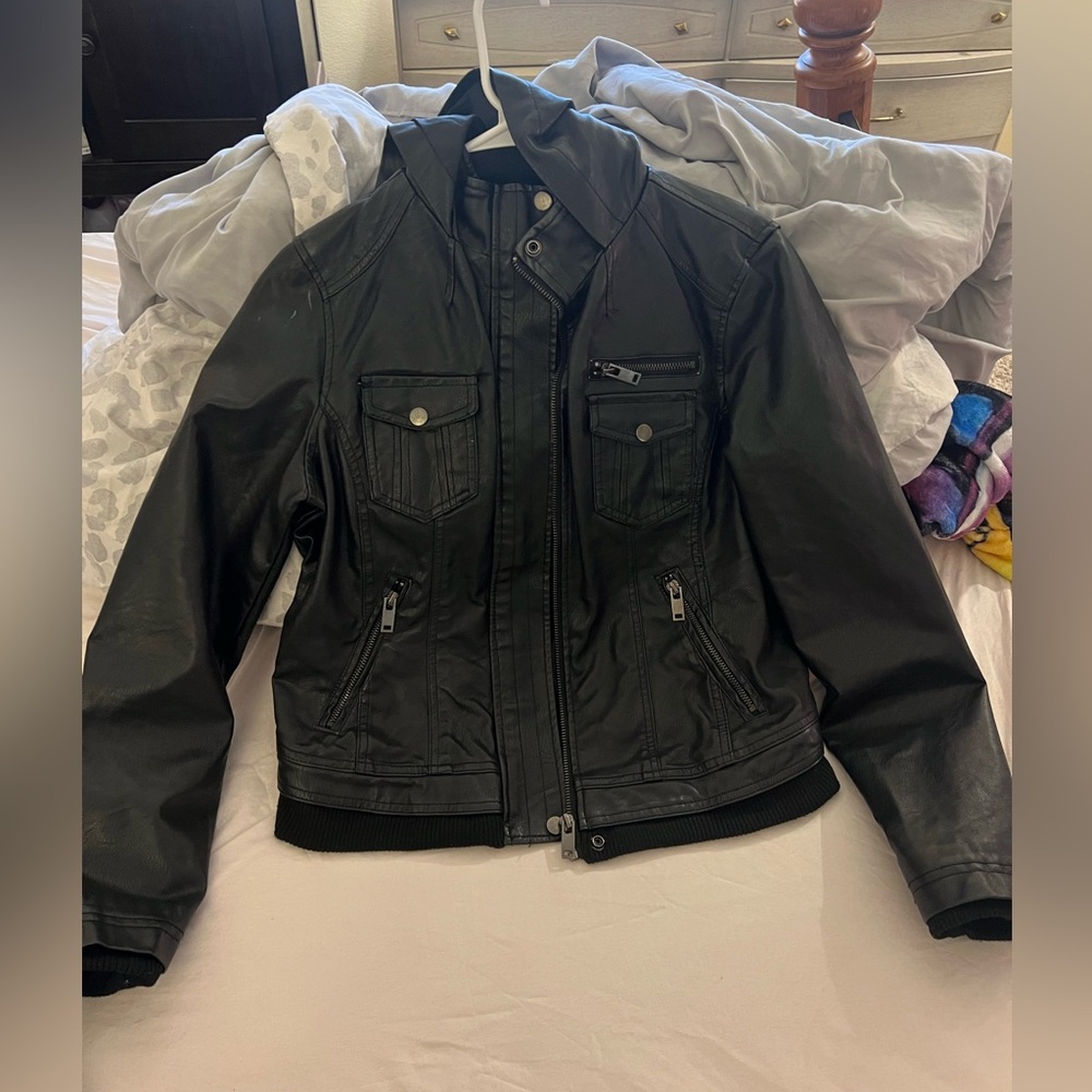 Leather jacket with hood (faux)